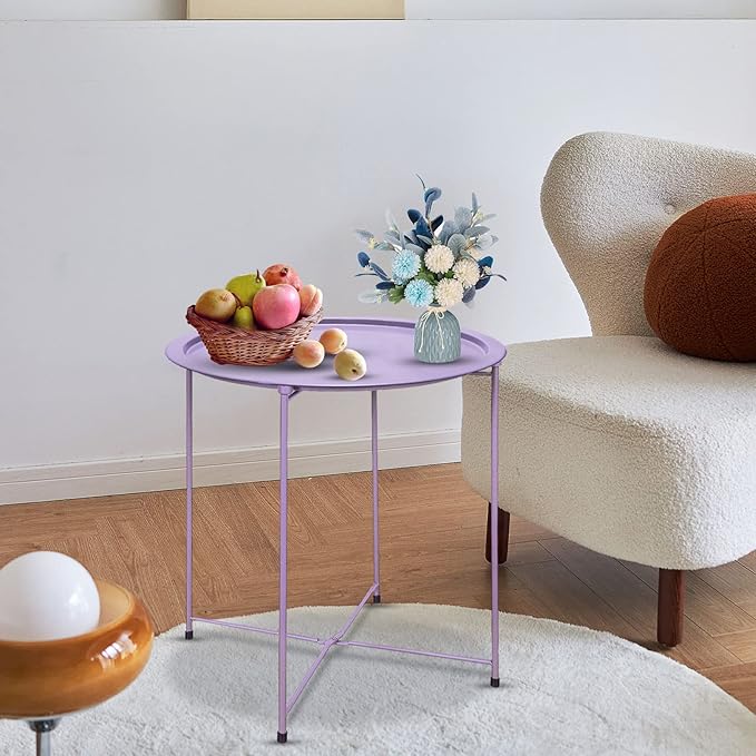 VILAWLENCE Metal End Table Side Table Round Folding Tray, Sofa Small Accent Fold-able Side Table Tray,Outdoor Side Sofa Table, Snack Table for Living Room and Bed Room 18.5 in (Purple)