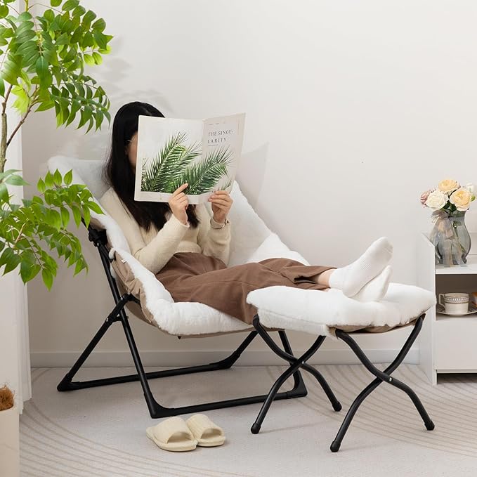 HollyHOME X-Large Saucer Chair with Foldable Ottoman, Comfy Oversized Folding Chair and Folding Footrest Stool Set, Faux-Fur Reading Chair and Footstool for Living Room, Bedroom, White Chair&Stool