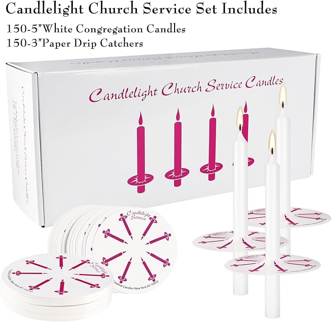 150 Packs Unscented White No Smoke ChurchCandles with Drip Protectors for Devotionalcandlelight Vigil Service.