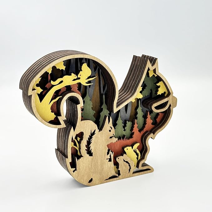 3D Wooden Carving Animals Lamp - Creative Fox Squirrel Wood Carved LED Night Light Garden Yard Wooden Animals Sculpture Ornaments Desktop Home Decor Birthday Gifts for Family Friend (Squirrel)