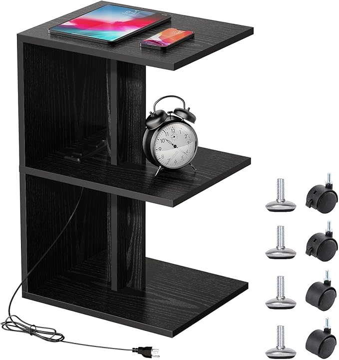 Night Stand with Charging Station, Small Side Table for Couch, USB Ports and Outlet, End Table with 3-Layer Storage Shelves for Small Spaces, Living Room, Bedroom, Bedside (Black)