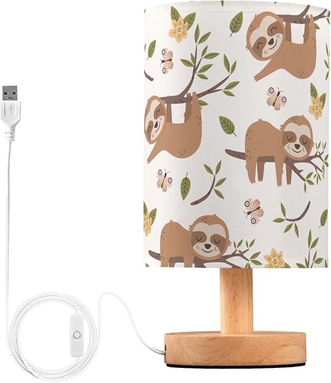 Table Lamp Cute Sloth Butterfly Floral Tree Pattern Nightstand Lamp with Wood Base Fabric Lamp Shade Bedside Desk Lamp for Living Room Bedroom Kids Room Office