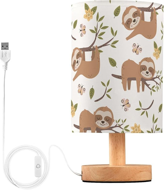 Table Lamp Cute Sloth Butterfly Floral Tree Pattern Nightstand Lamp with Wood Base Fabric Lamp Shade Bedside Desk Lamp for Living Room Bedroom Kids Room Office