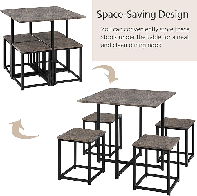 Yaheetech Industrial Dining Table Set for 4 Compact Kitchen Table and 4 Stools, Space-Saving Design for Apartment, Small Space, Breakfast Nook, Drift Brown