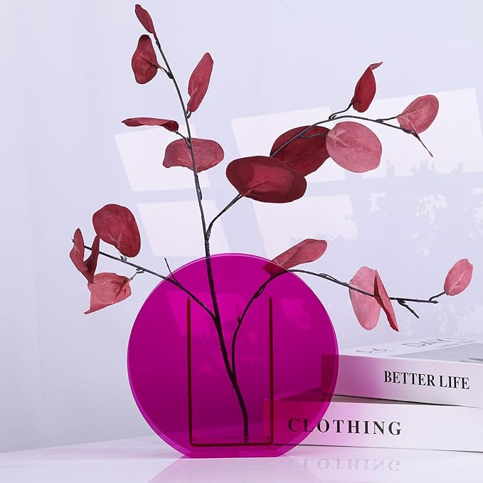 Purple Acrylic Vase Round for Modern Aesthetic Room Decor,Plastic Decorative Vase for Bedroom,Living Room Table - Hot Pink Acrylic Vase Decorative Centerpiece for Home or Wedding Office