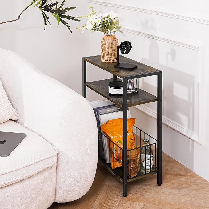 Yoobure Narrow Side Table with Storage Basket, Small End Table for Small Spaces Skinny Side Tables Living Room Bedroom, Slim Nightstand 3 Tier Bedside Table Space-Saving for Magazine, Rustic Brown
