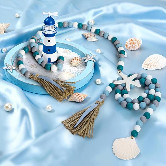 4 Pack Farmhouse Wood Bead Garland with Tassels, 39 in Rustic Boho Bead with Seashell Tag, Handmade Coastal Garland Beads for Tiered Tray, Wall Hanging, Wedding, Home Decor