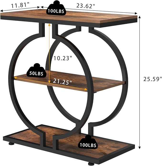 GiftGo Narrow End Table with O-Shaped Geometric Base Vintage Industrial Sofa Chair Side Table for Living Room Slim Nightstand for Bedroom Stylish Beside Table with 3 Storage Shelves (1, Rustic Brown)