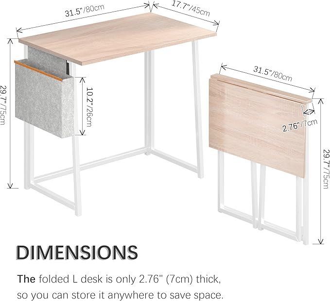 4NM 31.6" Small Folding Desk, Foldable Computer Home Office Desk, Study Writing Table for Small Space Saving Bedroom, with Storage Bag - Natural and White