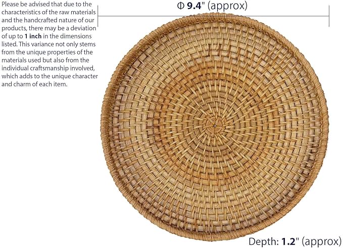 Hand Woven Rattan Serving Basket 9.4 inch - Round Platter for Fruit, Snacks, Appetizers, Bread, Breakfast, BBQs, Parties - Decorative Tray for Living Room, Kitchen, Dining Decor (Medium)