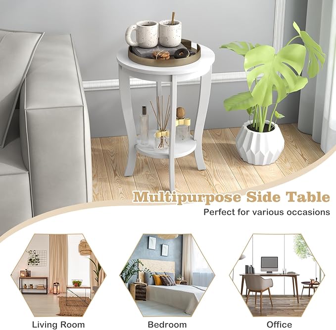 Giantex Round End Tables Set of 2, 2 Tier Side Table with Storage Shelf and Solid Wood Legs, 18" x 18" Accent Table for Corner Small Spaces, Tall Night Stand for Living Room Bedroom, White