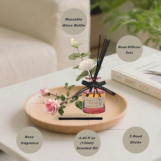 Reed Diffuser Essential Oil Set - Rose Fragrance Air Freshener (4.4 Fl Oz) for Home, Bathroom, Bedroom, Office Decor