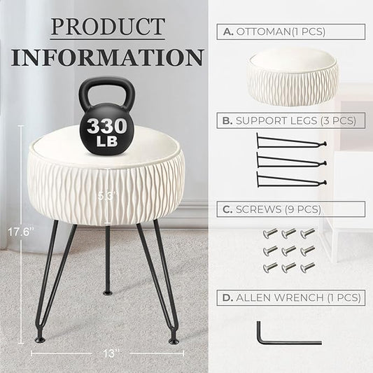 Velvet Vanity Stool Footrests, Round Ottoman Vanity Chairs with Anti-Slip Feet, Dressing Table Seat Foot Stool with Black Legs, Furry Padded Seat Side Table for Makeup Bedroom, White