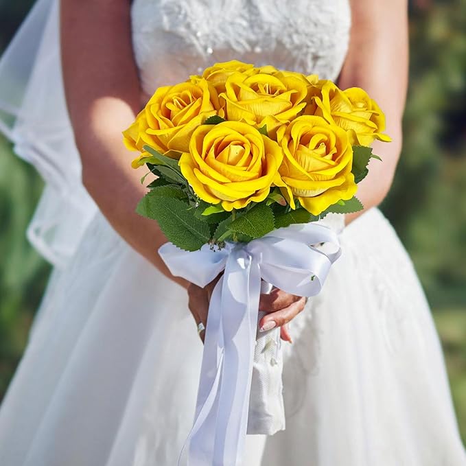 10 PCS Artificial Roses with Long Stems Silk Flowers Realistic Foam Flowers Fake Roses for Valentine's Day Home Wedding Halloween Decor(Yellow)