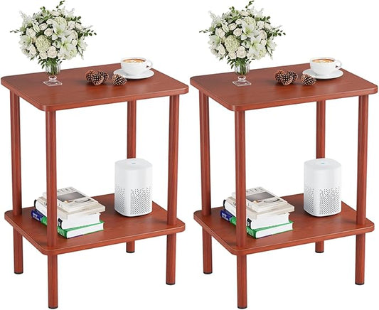Apicizon 2 Tier End Table Set of 2, Small Side Table with Solid Wood Legs, Boho Bedside Table with Storage Shelf, Nightstand for Small Spaces, Bedroom, Living Room, Entryway, Vintage Brown