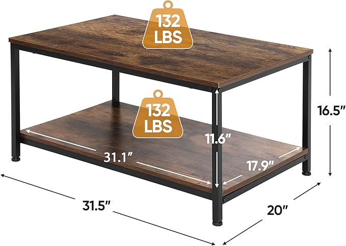 ZenStyle Industrial Coffee Table with Storage Shelf for Living Room, Wood Look Accent Furniture with Vintage Wooden Board Stable Metal Frame Cocktail Table 2-Tier Tea Table, Rustic Brown