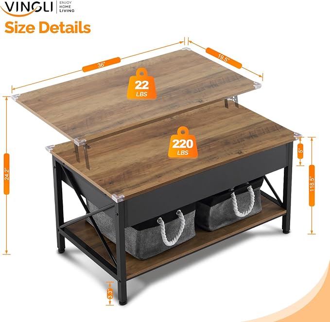 VINGLI 36" Lift Top Coffee Table with Free Cloth Storage Bins, Rustic Framhouse Black Coffee Tables for Living Room, Small Modern Coffee Table for Small Space in Minimalistic Style, Black