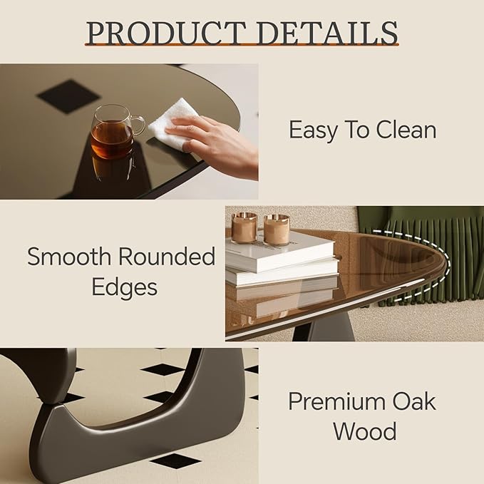 Coffee Table for Living Room Mid Century Modern Center Table with Glass Top and Wood, Brown/Black