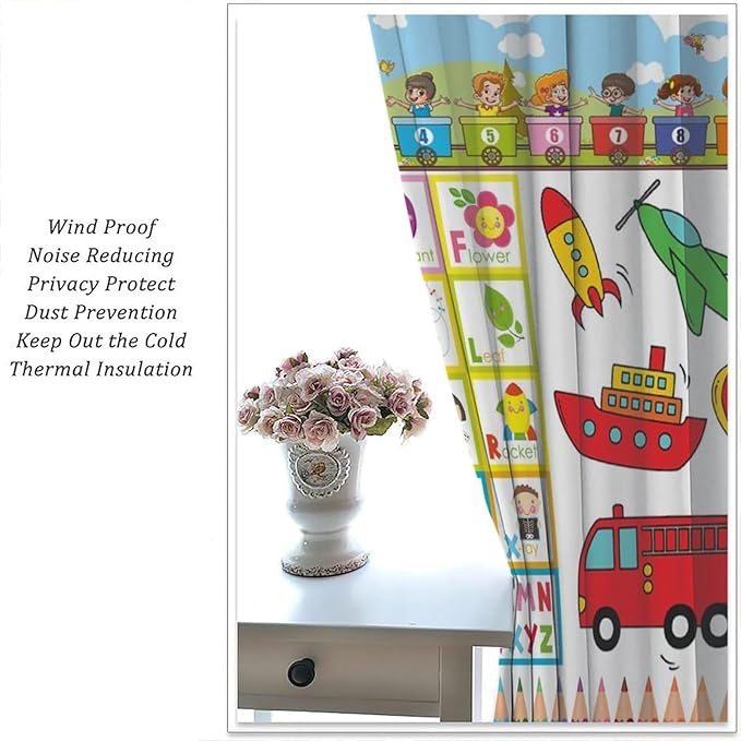 Alphabet Curtains，Numeration Table and Catoon Transportation Pattern Blackout Print Window Drapes for Kids Bedroom Living Room 84x84 Inch