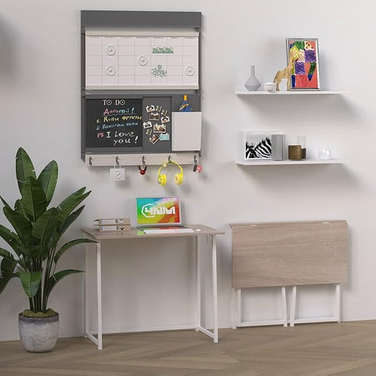4NM 31.5" Small Folding Desk, Foldable Computer Home Office Desk, Study Writing Table for Small Space Saving Bedroom, Easy Assembly - Natural and White