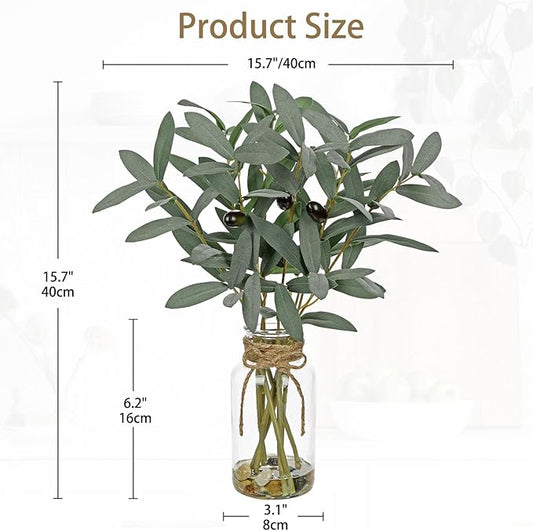 DILATATA Artificial Olive Stems in Glass Vase with Faux Water and Real Stones 15" Fake Greenery Plant Olive Leaves for Home Office Farmhouse Bathroom Bedroom Kitchen Table Centerpiece Decor