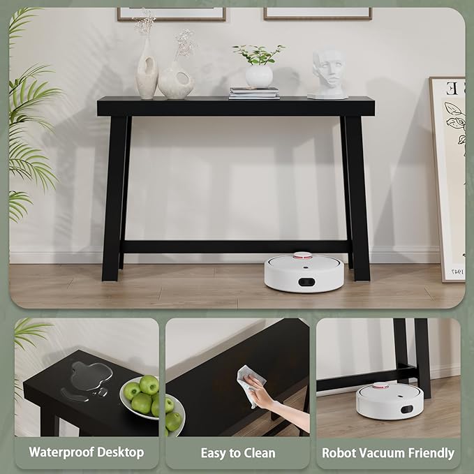 Bamboo 47.2" Narrow Console Table, Wood Farmhouse Side Table, Rectangular Entryway Table, Modern Sofa Table Behind Couch with Storage Shelves for Entrance, Living Room, Hallway, Foyer (Black