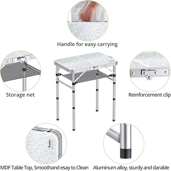 Anbte 2ft Camping Table Foldable, 3 Adjustable Heights 26.3" Aluminum Small Folding Table with Storage Net, Lightweight, Portable Handle for Travel Outdoor Beach Picnic, 23.2" x 16", Silver