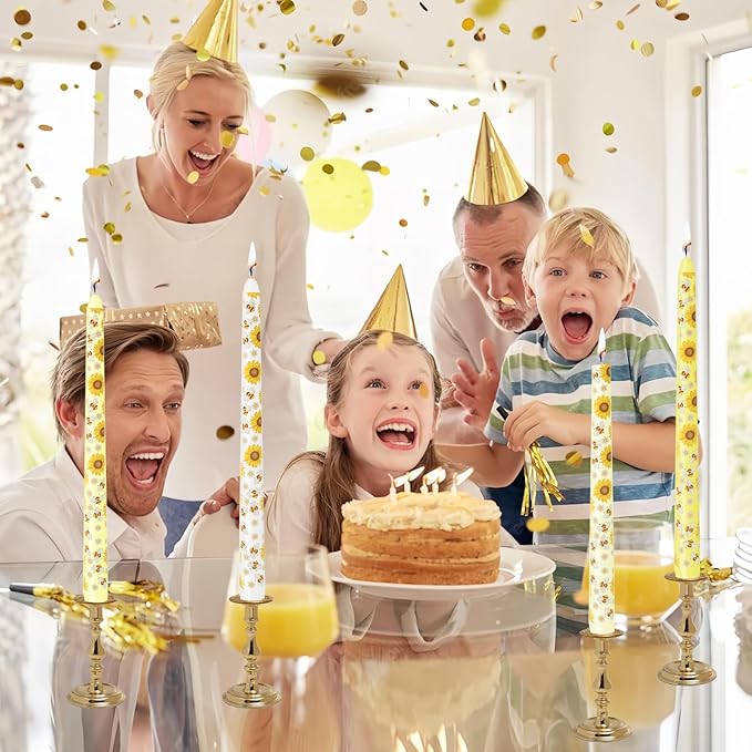 10 Inch Taper Candles with Honeybee Design – Smokeless Dripless Yellow Dinner Candles for Table, Party, Farmhouse Decor (4-Pack Assorted Yellow B)