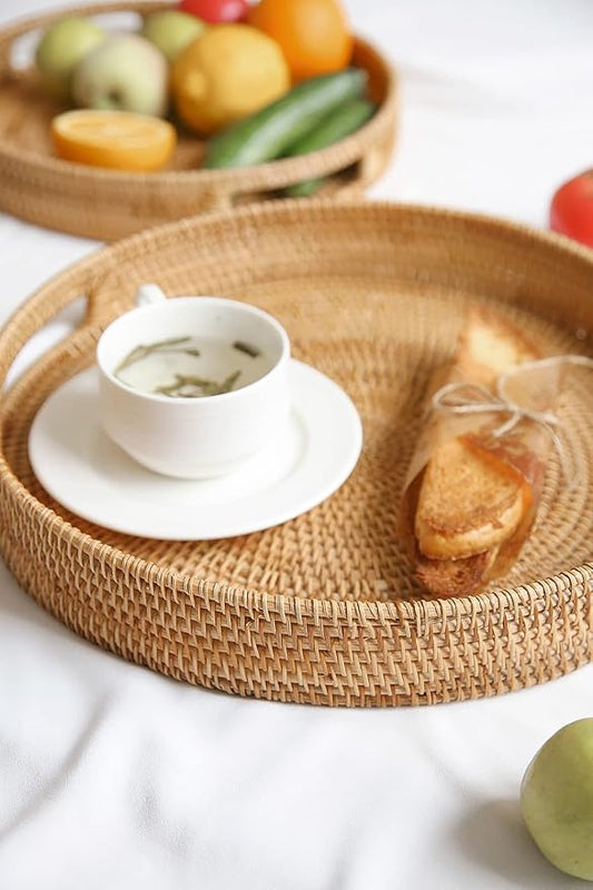 HITOMEN 14.2" Hand-Woven Round Rattan Serving Tray Decorative Ottoman Wicker Platter with Handles for Coffee Table, Breakfast, Drinks, Snack, Bread, Fruit, Vegetables (Natural-L)
