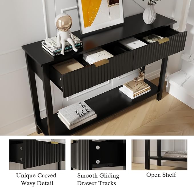Black Entryway Console Table with 2 Fluted Drawers and Gold Handles, 47.2" Modern Sofa Table with Storage Shelf for Living Room and Hallway