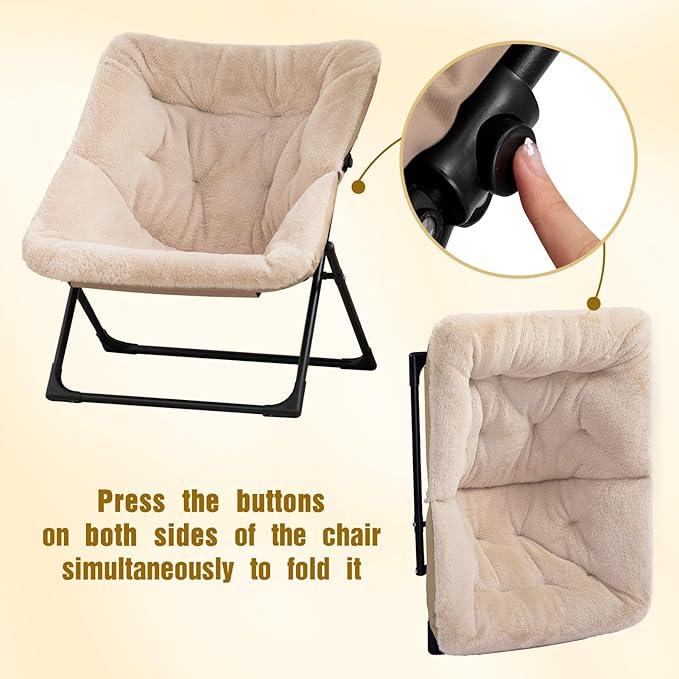 HollyHOME X-Large Saucer Chair, Comfy Oversized Folding Chair, Faux-Fur Reading Chair for Teens, Adults, Foldable Accent Lazy Chair, Metal Lounge Chair for Living Room, Bedroom, Dorm, Light Khaki
