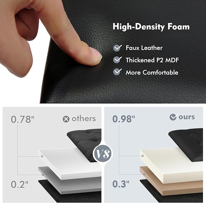 PINPLUS Folding Storage Ottoman Bench, Black Faux Leather Long Chest with Tray, Footrest Seat, Blanket Storage for Living Room Bedroom Office Hallway, 43.3"x15"x15"