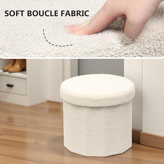 15 Inchs Round Storage Ottoman, Small Foldable Foot Stool with Hidden Storage for Living Room, Bedroom-White