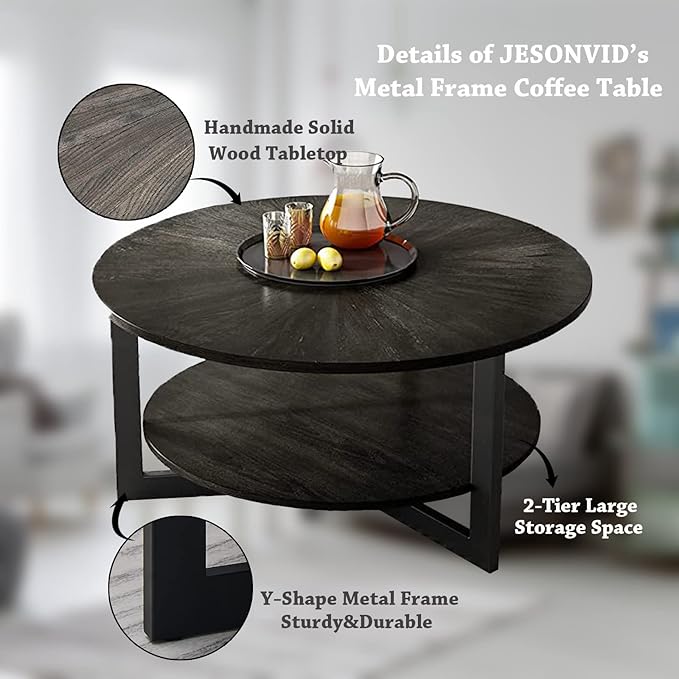 Round Coffee Table with Storage Shelf, 33.5in Circle Accent Center Table with Black Metal Legs, 2-Tier Industrial Cocktail Table for Living Room, Black-1338BK