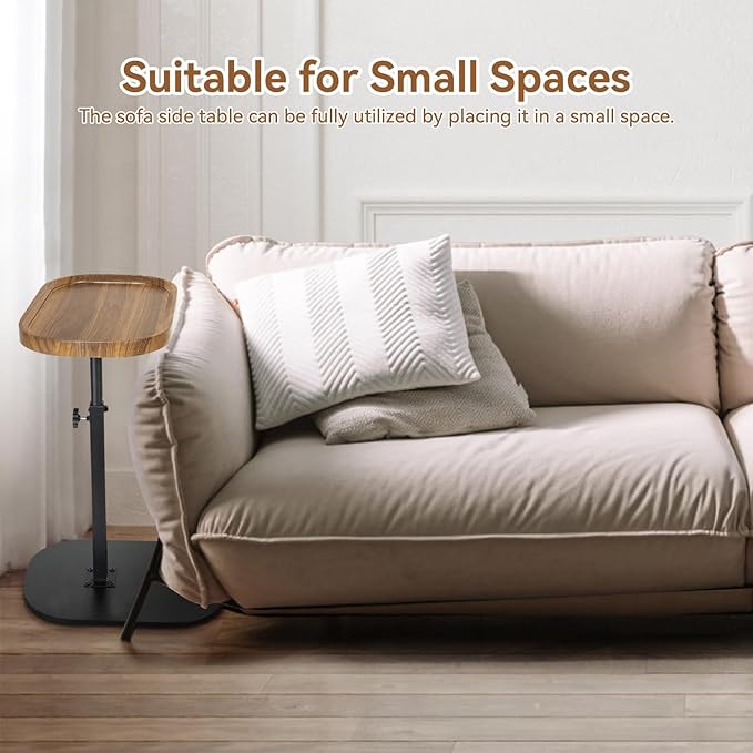 C Shaped End Table for Couch, Sofa Armrest Tray Table with Adjustable Height, 360° Swivel Sofa Bed Bathroom TV Tray for Living Room,Bed Side, Bedroom,Study and Small Spaces(Walnut Color)