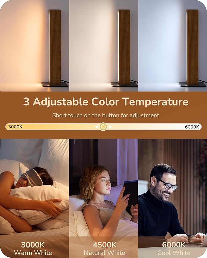 EDISHINE LED Table Lamp, Small Wood Bedside Lamp with 3 Color Temperature, Stepless Dimmable & Memory Function, Touch Control Square Nightstand Lamp for Bedroom, Living Room, One-Step Installation