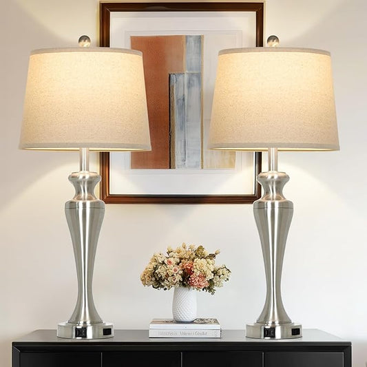 30" Silver Table Lamps Set of 2, 3-Way Dimmable Touch Living Room Lamp with USB A+C Ports and AC Outlet, Modern Brushed Nickel Bedroom Lamps, Tall Metal Bedside Lamp for Nightstand Side Table