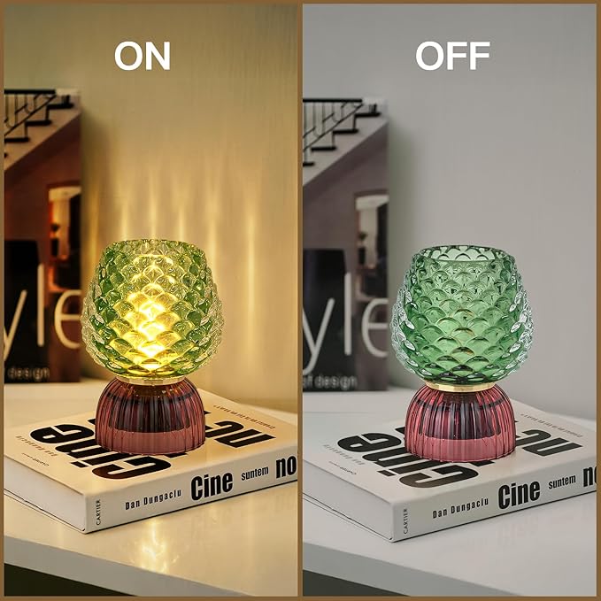 Battery Operated Lamp with Timer, Cute Small Cordless Glass Table Lamp for Home Decor, Kitchen, Bathroom, Birthday Gift for Women, Pinecone, Green