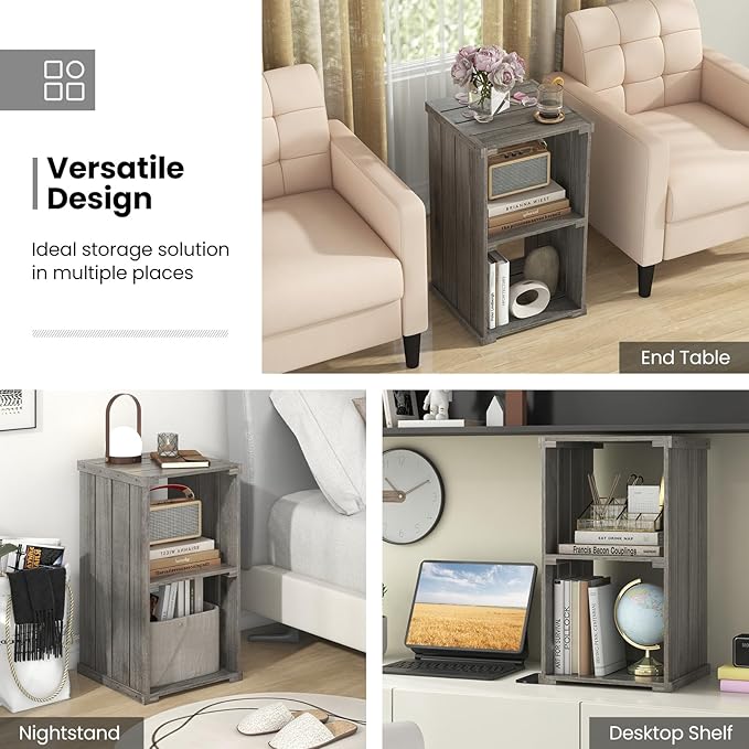 Giantex 2-Cube Bookcase Set of 2, 3-Tier Paulownia Wood Cubic Organizer w/Open Back, Freestanding Cubby Storage Shelf, Slatted Wooden End Table, Farmhouse Style Bookcase for Living Room, Bedroom