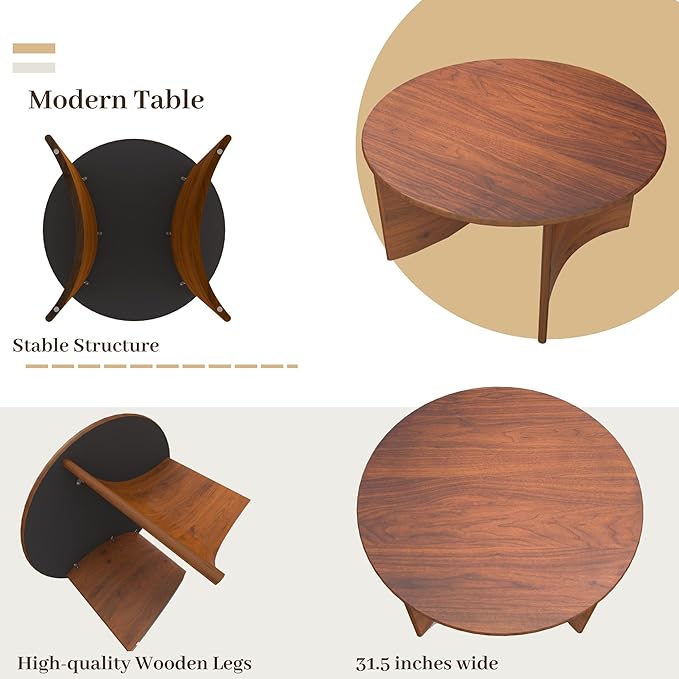 31.5" Mid Century Modern Coffee Table for Living Room, Round Table with Rubber Legs, Small Unique Cocktail Tea Table for Living Room Bedroom Apartment Small Space, Walnut