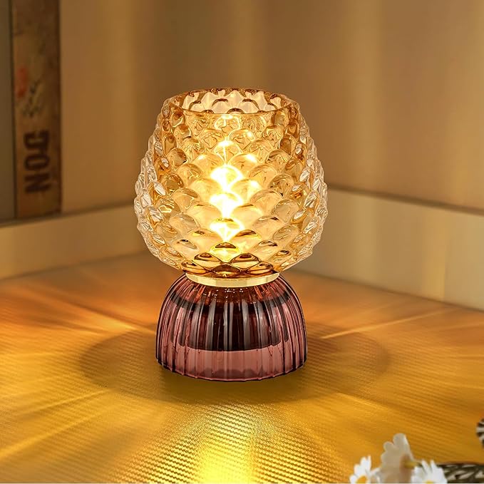 Battery Operated Lamp with Timer, Cute Small Cordless Glass Table Lamp for Home Decor, Kitchen, Bathroom, Birthday Gift for Women, Pinecone, Amber