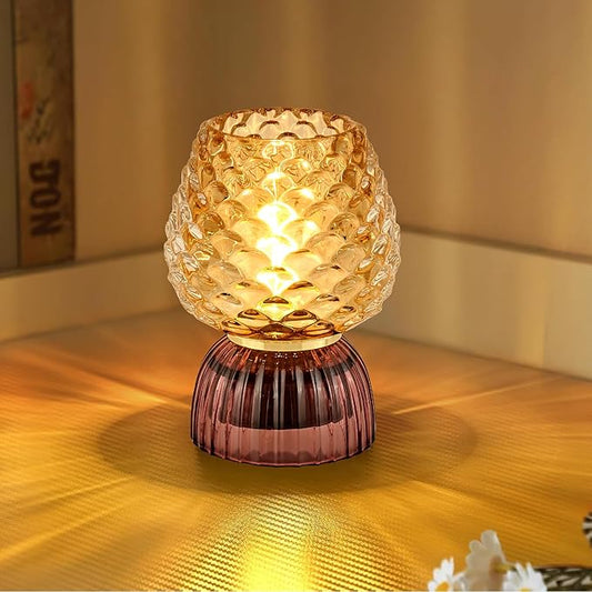 Battery Operated Lamp with Timer, Cute Small Cordless Glass Table Lamp for Home Decor, Kitchen, Bathroom, Birthday Gift for Women, Pinecone, Amber