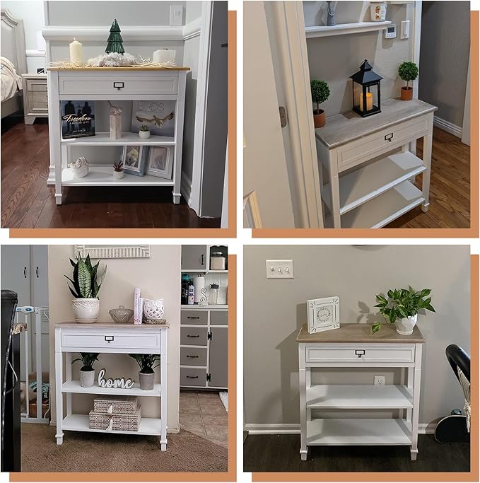 MOTION Narrow Entryway Table - 3 Tier Console Tables for Entryway with Drawer, Shelves, Sofa Table with Storage, Farmhouse Entry Table for Hallway, Living Room, 29 in, White