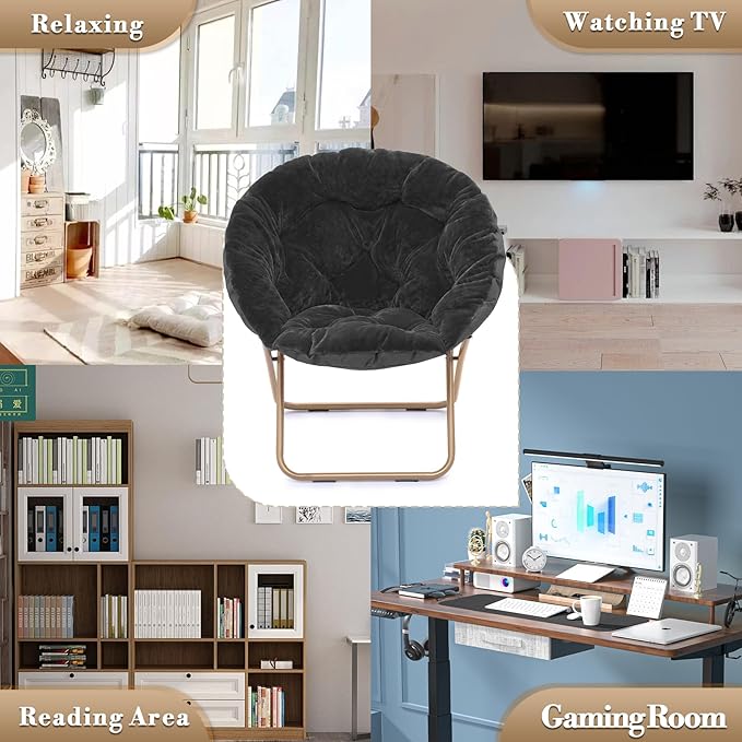 Athena Collection Comfy Saucer Chair Folding Cozy Chair for Bed Room Living Room Accent Chair Faux Fur Reading Chair Foldable Metal Frame Lazy Chair Moon Chair for Adult, Black