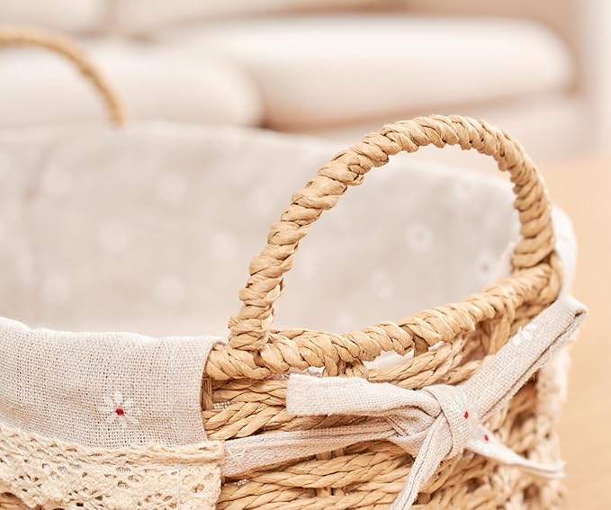 GIB Small Wicker Storage Baskets for Organizing, Decorative Woven Baskets with Handles & Liners, Boho Paper Rope Serving Baskets Trays for Shelves & Gifts, Set of 2