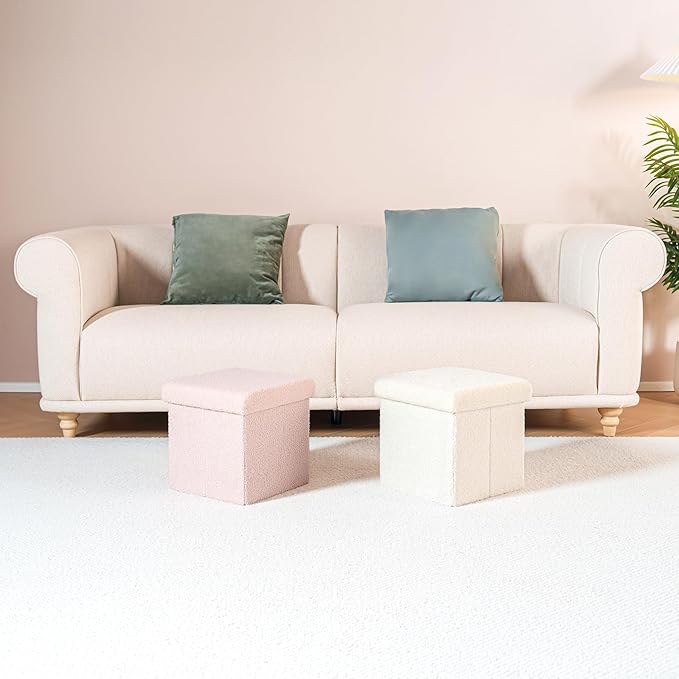 B FSOBEIIALEO Small Storage Ottoman Cube Sherpa Ottomans Foot Rest, Foldable Boucle Ottoman, Faux Teddy Fur, Pink 12.6"x12.6"x12.6"