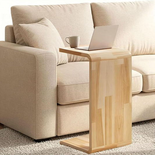 CHSSIH C Shaped End Table for Couch - Wooden Sofa Side Table, Slide Under Couch Table for Living Room, Bedroom, Laptop, Coffee, Small Space Narrow Furniture, Natural