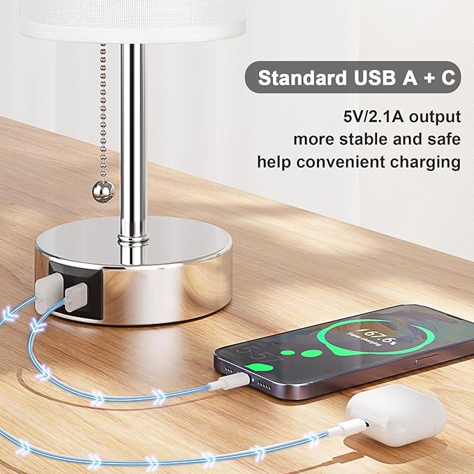 White Table Lamp for Bedroom Nightstand - Small Lamp with USB A + C Charging Port, 3 Color Temperatures Pull Chain Night Stand Light, Silver Base Desk Reading Lamp for Living Room
