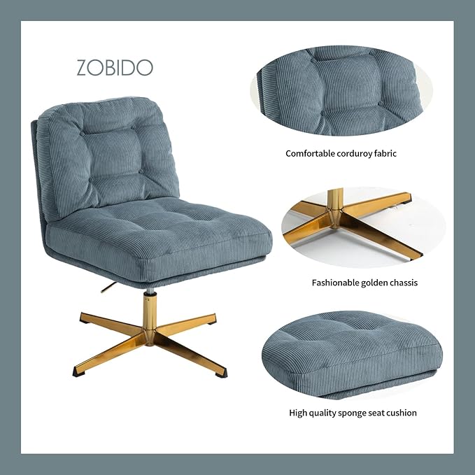 ZOBIDO Modern Accent Corduroy Chairs Comfy Upholstered Vanity Chairs for Bedroom Armchair Dining Chairs with Golden Metal Legs Desk Chair for Living Room(Blue