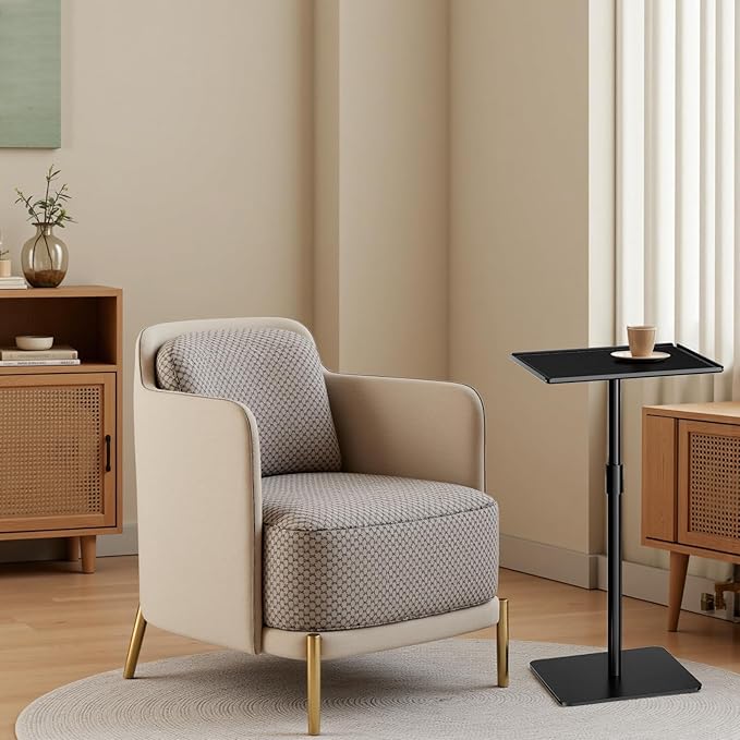 Height Adjustable C Shaped End Table,Metal Sofa Side Table,Small TV Tray Table for Small Spaces with Matte Black Tray,Bed Table Drink Coffee Tables for Bedroom,Black